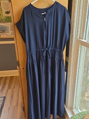 Women's Navy Drawstring Waist Zip-Front Romper